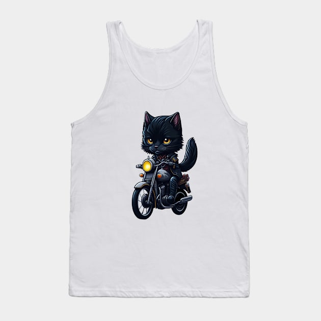 Biker Cute Black Cat Riding Motorcycle Tank Top by Pixelate Cat